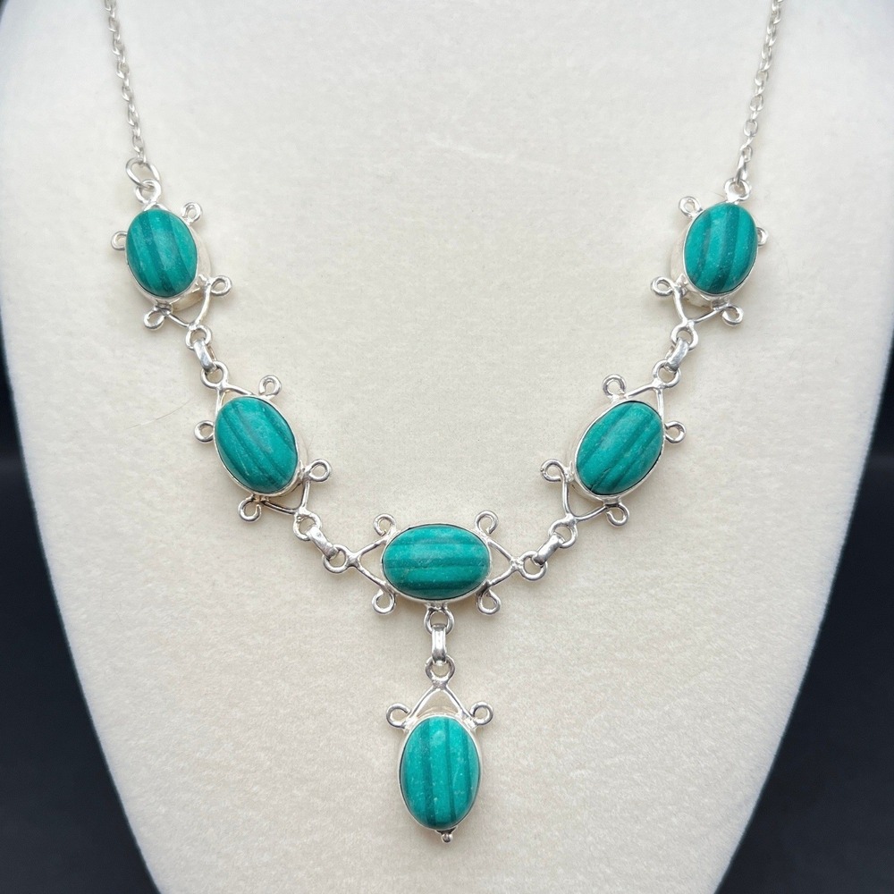 Artisan Statement Necklace Silver Tone Y Drop Green Cabochon Boho Watermelon
